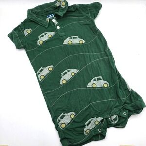 KicKee Pants 18-24M Green Vintage Car Bamboo Polo Romper Short Sleeve One Piece